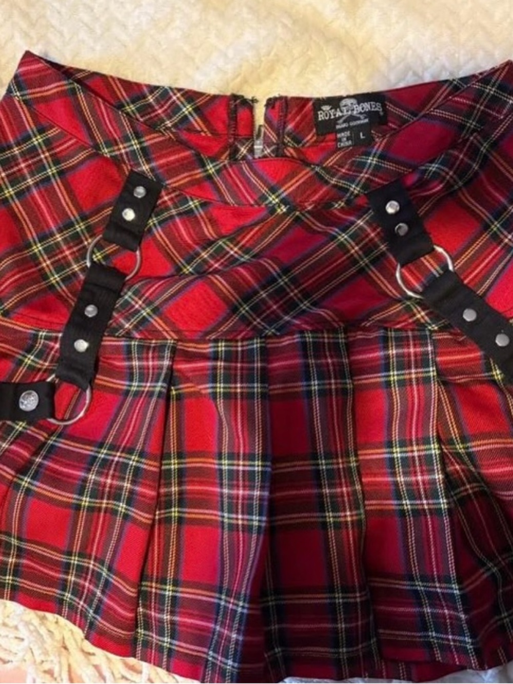 Royal Bones Red Plaid Pleated Skirt with Black Strap Details